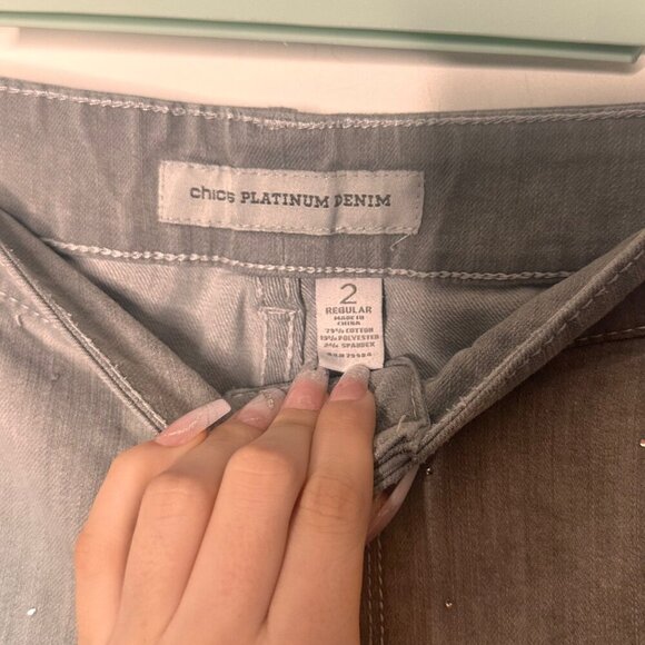 Chicos Flare Bootcut Gray Rhinestone Embellished High Waist Jeans Womens 12/L - Picture 3 of 12